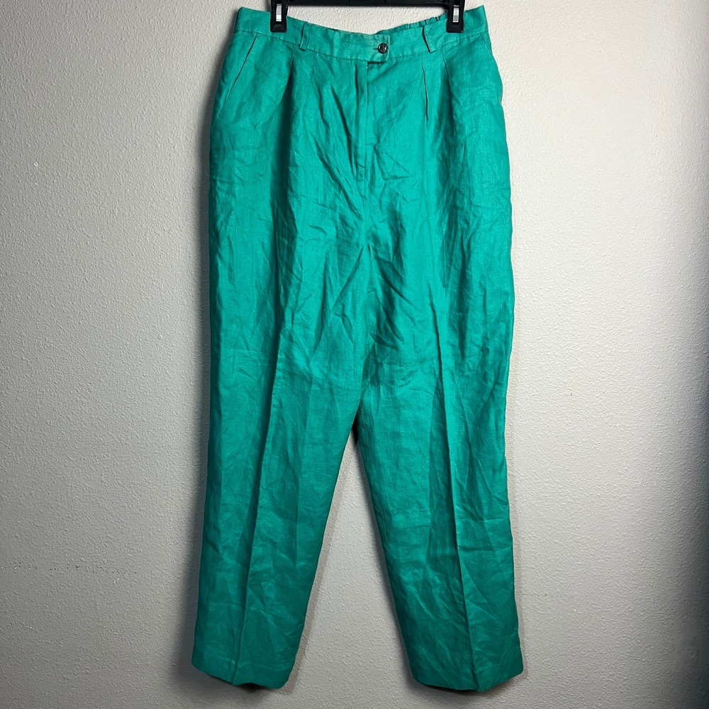 IC Courtenay Linen Lined Pants High Waist Pleated Front Green Grannycore Size 14